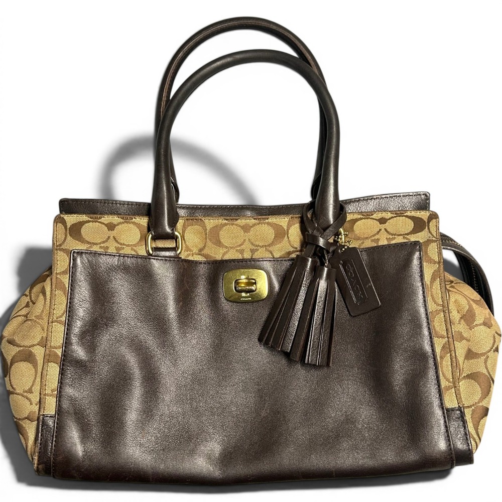 Coach Signature Turnlock Tassel Satchel Brown Women Large Canvas Leather 25371